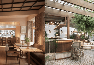 Rustic restaurant interior with cosy indoor dining area and outdoor bar surrounded by greenery - Hotel Grand Joanne Bar Eatery