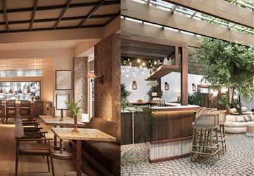 Rustikt restaurantinteriør med hyggelig indendørs spiseområde og udendørs bar med grønne omgivelser - Hotel Grand Joanne Bar Eatery