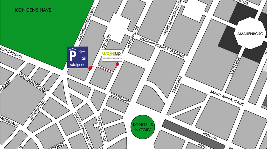Map of the walking rute from Q-Park Adelgade to Wakeup Borgergade