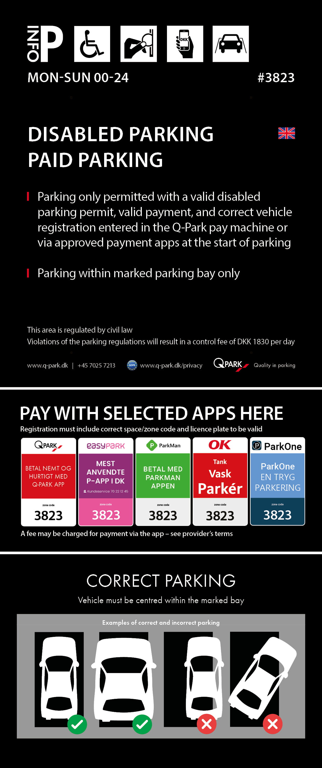 Disabled Parking rules in Odense City sign 